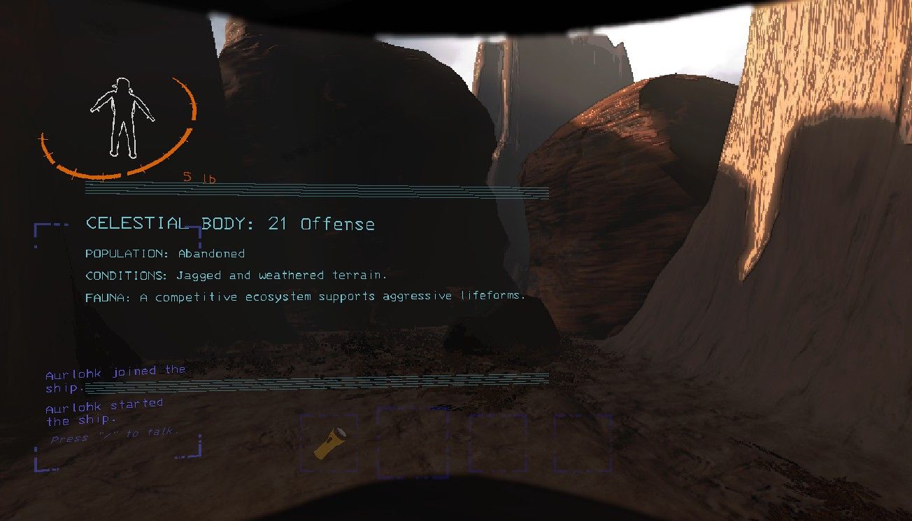 Игровой персонаж прилетает на луну Offense и получает на своем экране сводку о состоянии и описании луны в Lethal Company.