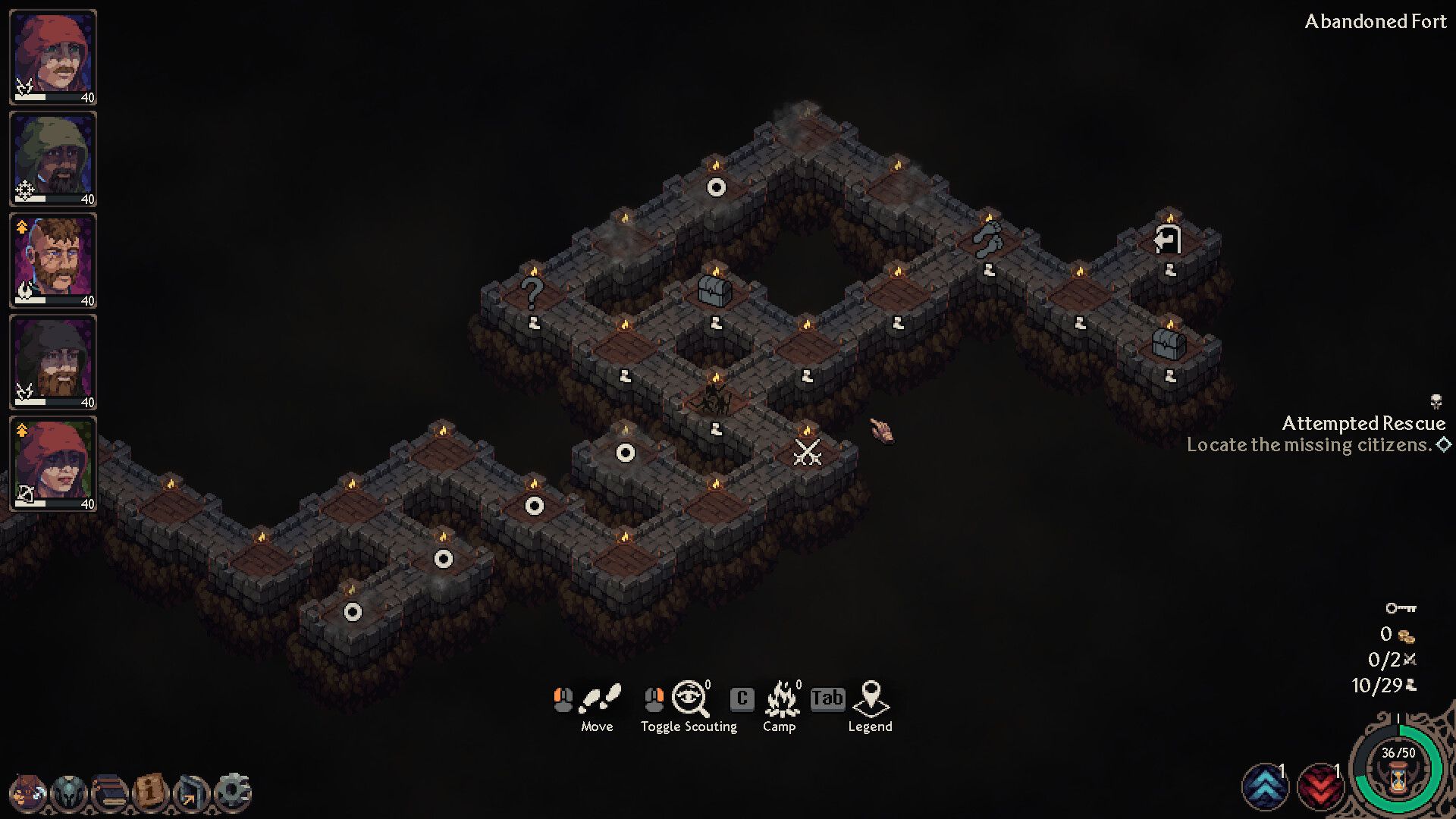 Image: A top-down view of a dungeon, divided into separate rooms, in The Iron Oath. The dungeon splits into different paths, each marked with their own points of interest.