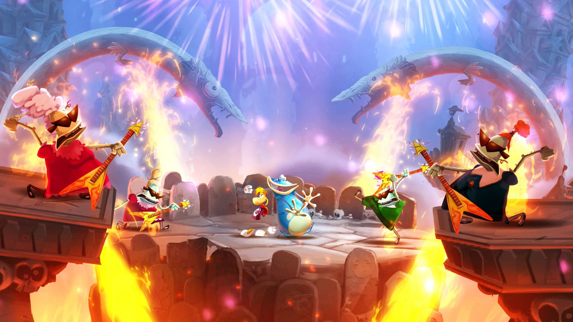 Rayman and Globox pose on a stone platform while a quartet of flying V guitar-playing rock out around them in a screenshot