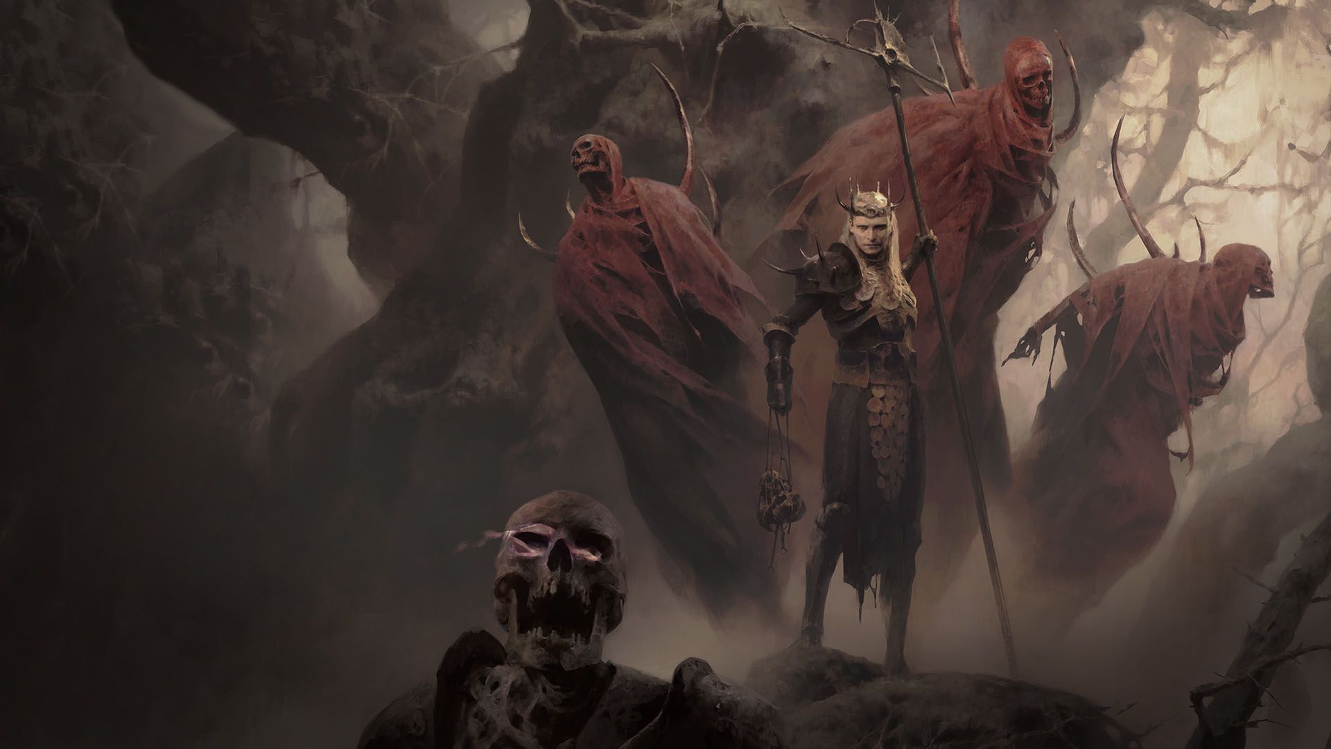 Un Necromante di fronte a tre scheletri insanguinati in un'illustrazione concettuale di Diablo 4