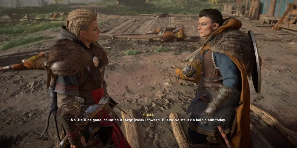Sfondo di Assassin's Creed Valhalla Eivor che parla con Soma