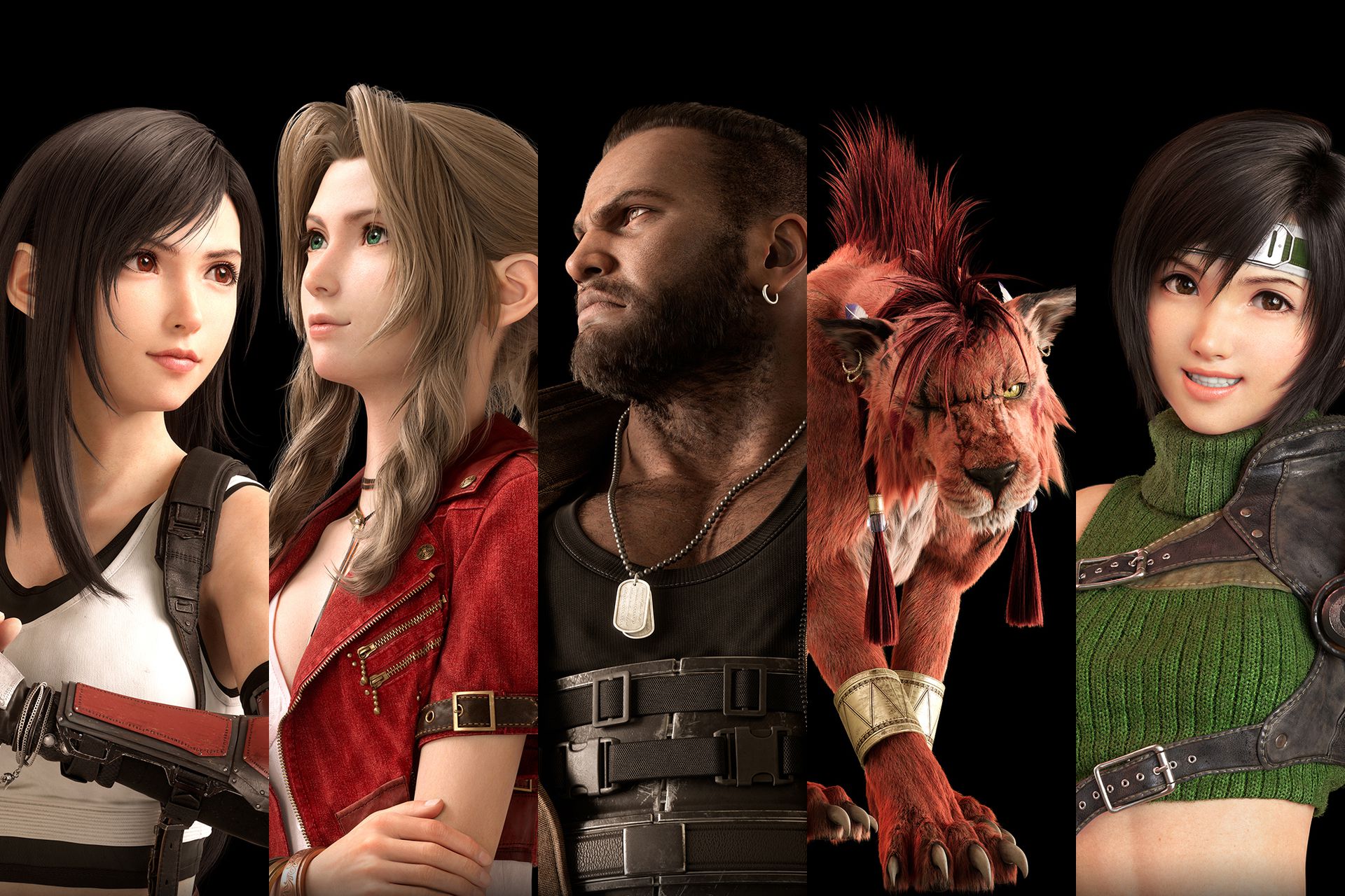 Una imagen dividida de Tifa, Aerith, Barret, Red XIII y Yuffie, como aparecen en FF7 Rebirth.