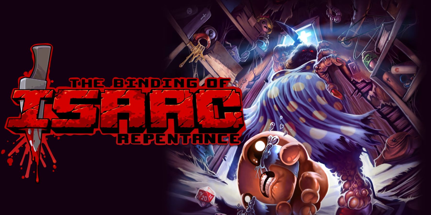 L'image clé de The Binding of Isaac: Repentance. L'image montre le protagoniste Isaac contre des visuels grotesques du jeu.