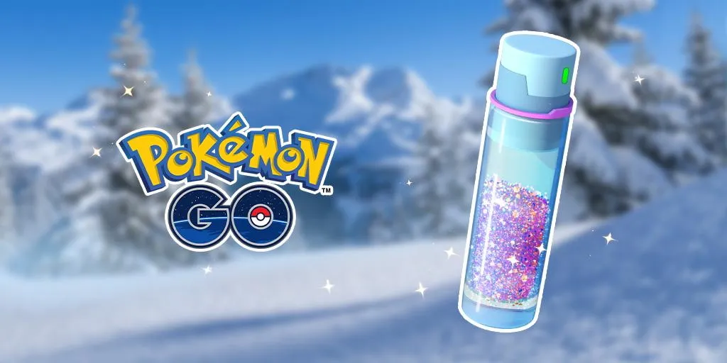 Логотип Pokemon Go и Stardust на фоне зимней пейзажной сцены
