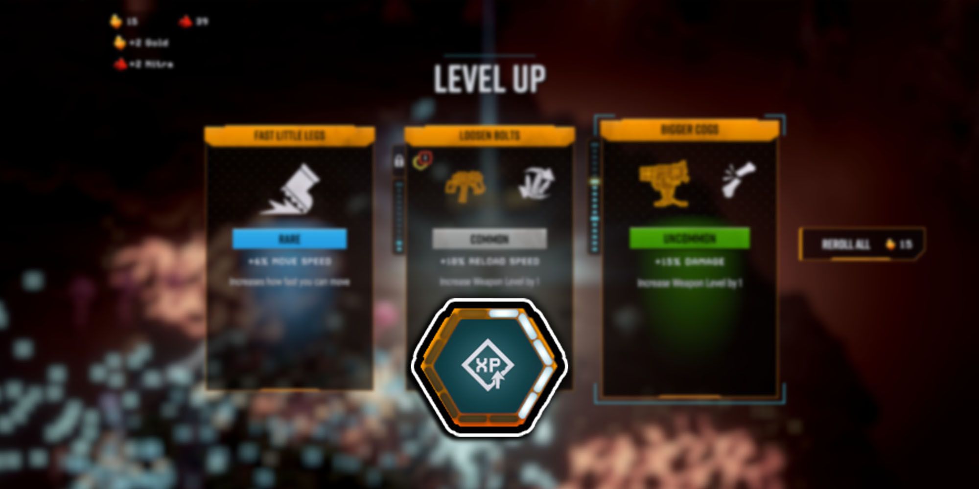 プレイヤーがレベルアップを選択しているDeep Rock Galactic Survivor - XP Gain Statアイコンの画像