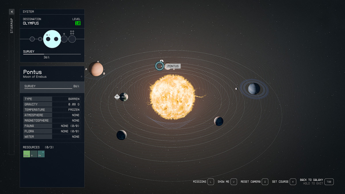 Снимок системы в игре Starfield, показывающий Понтус