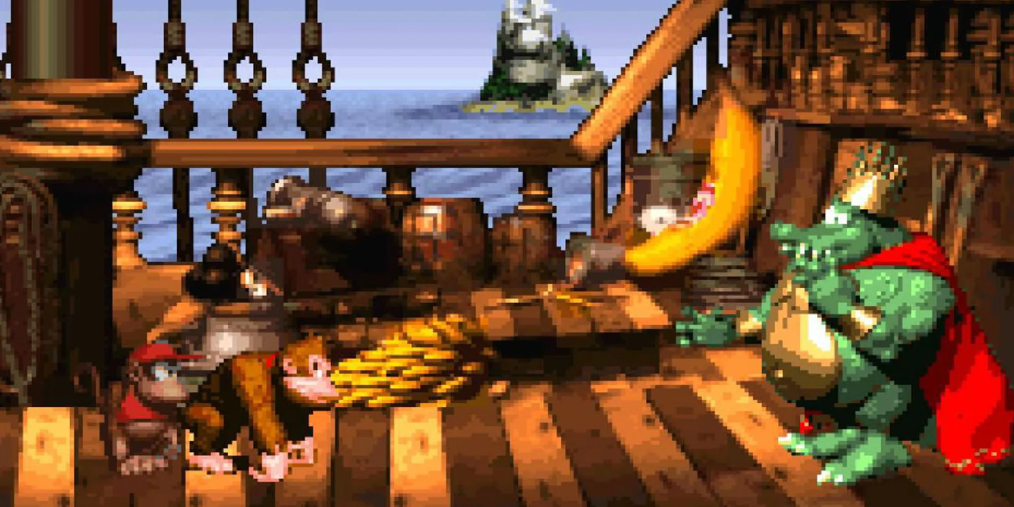 Donkey Kong e Diddy Kong che combattono il Re K. Rool su una nave pirata in Donkey Kong Country