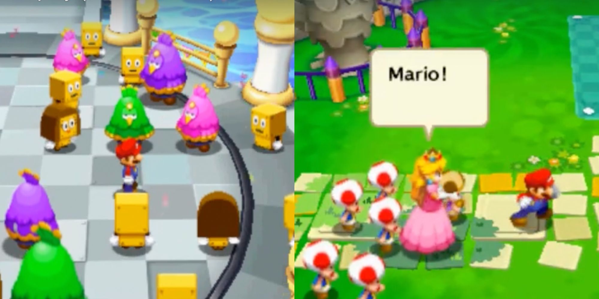 Mario and Peach surrounded by Toads as Peach calls Mario’s name