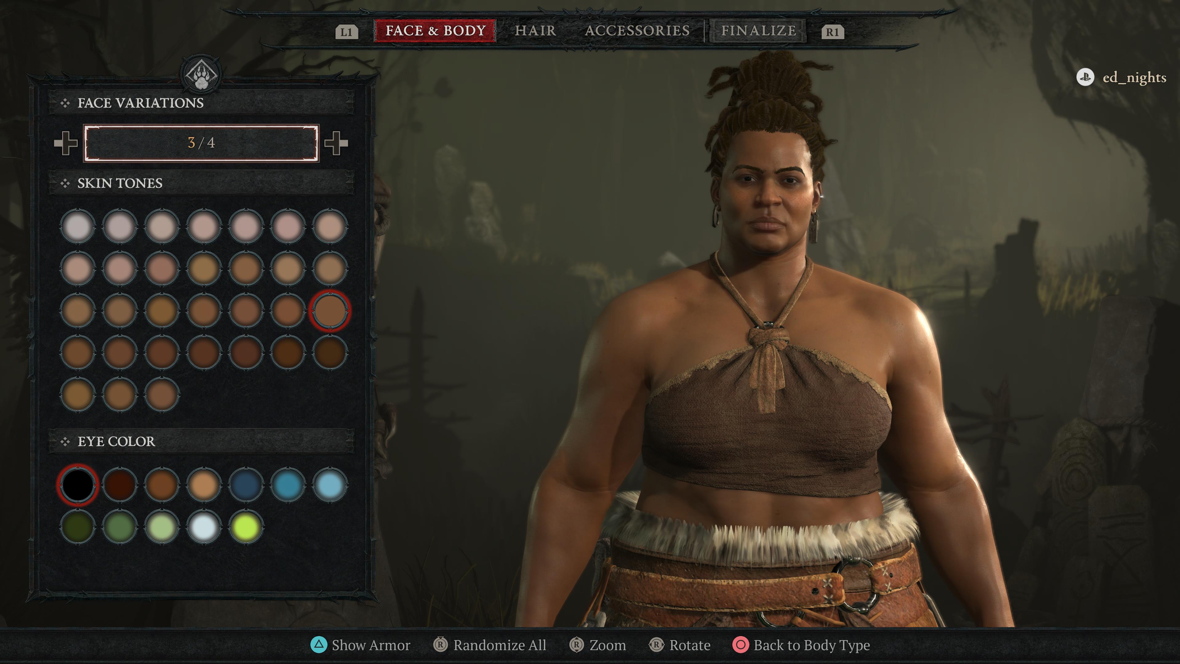 Diablo 4角色创建器展示黑人女德鲁伊和肤色选择