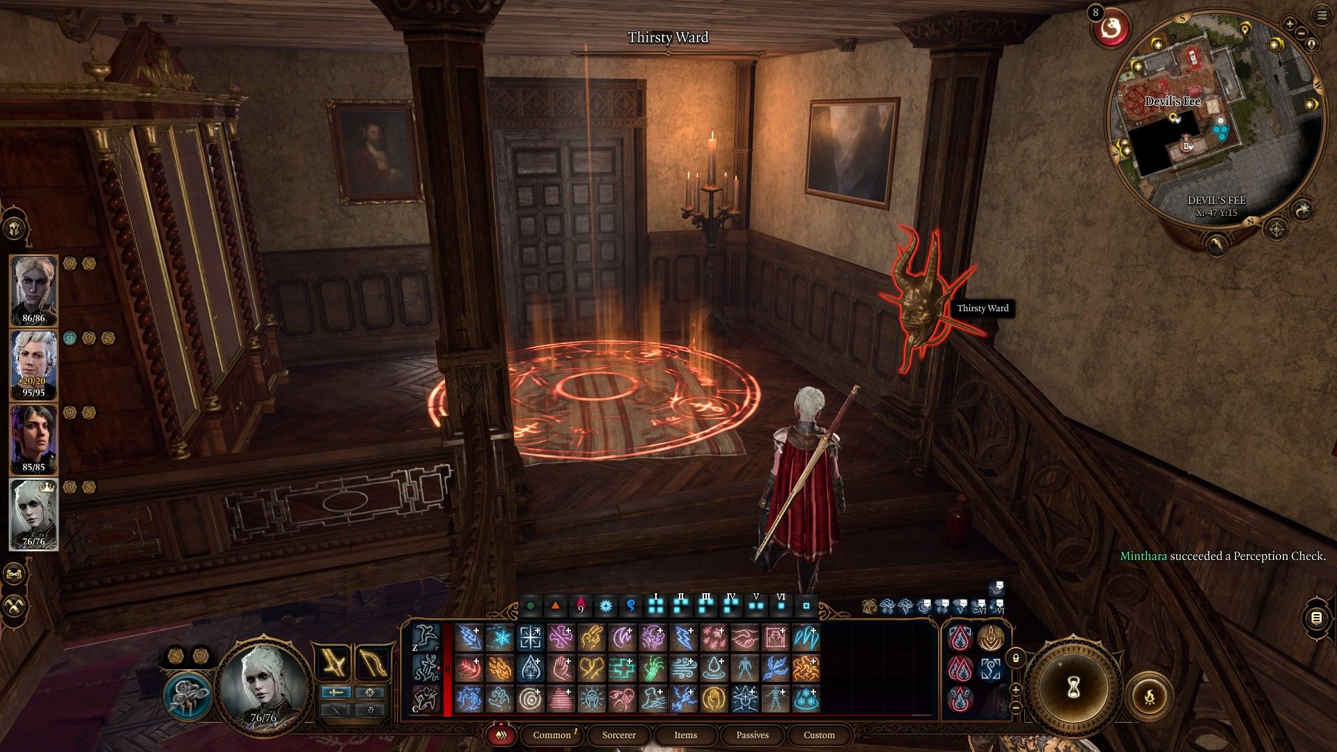 Le joueur met en avant le Thirsty Ward en haut des escaliers dans Devil’s Fee à Baldur’s Gate 3