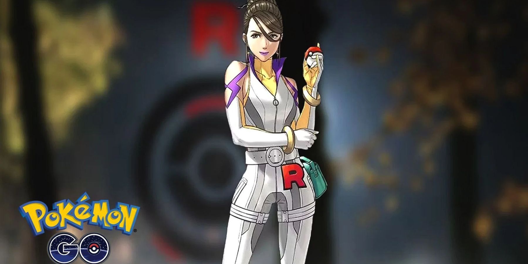 Team Rocket leader Sierra stands with a Pokeball in her hand, posing confidently