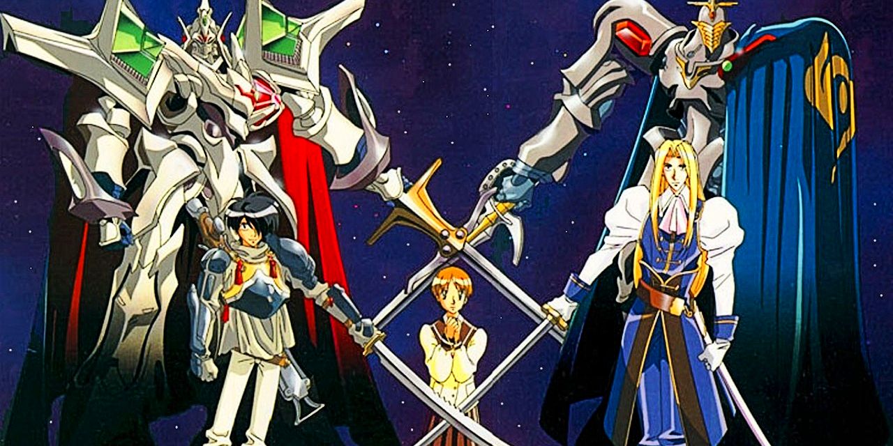 les trois personnages principaux de l'anime réunis dans une illustration pour l'émission avec leurs épées et leurs mechas