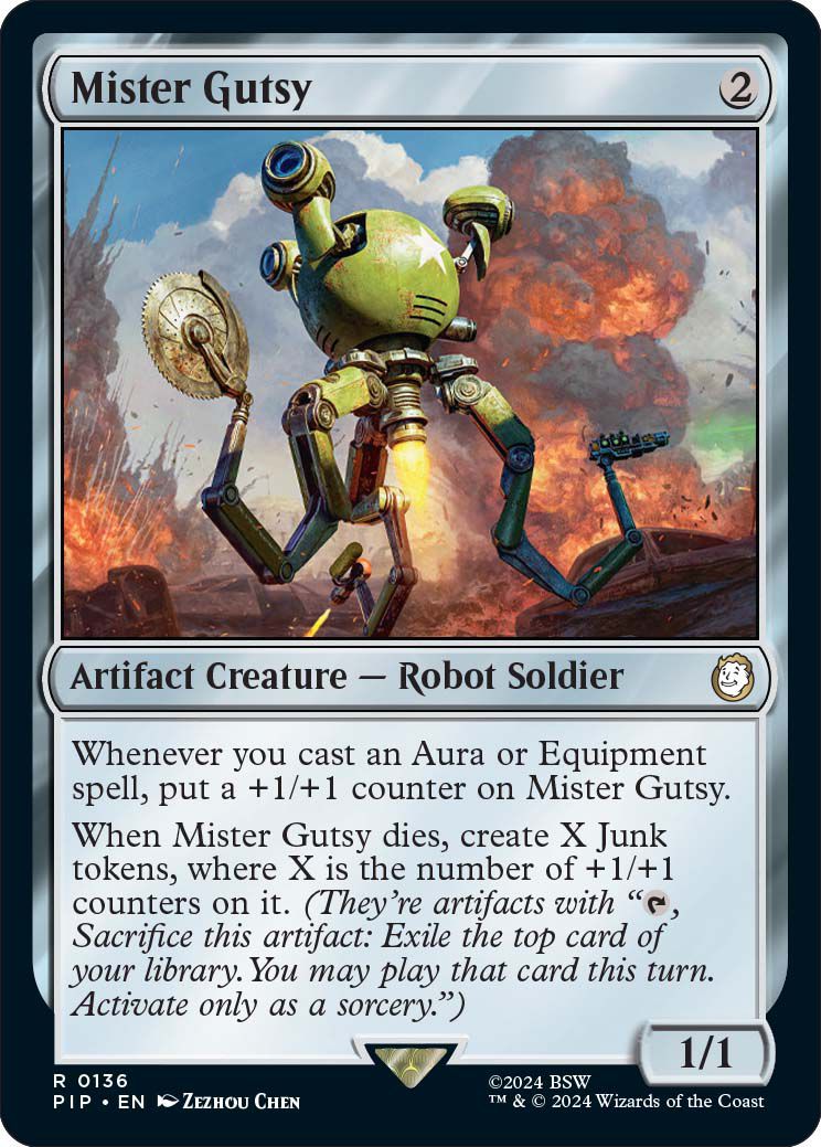 Un robot militaire Mister Gutsy orne la couverture de la carte Mister Gutsy. Des explosions s'élèvent en arrièreplan.