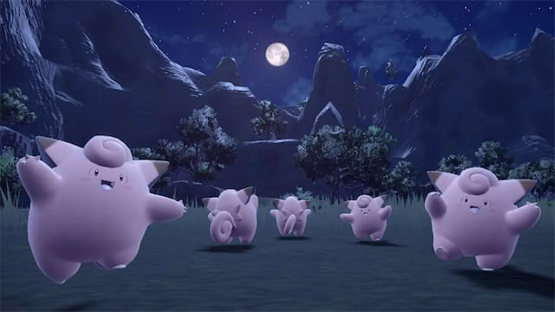 varios clefairy reunidos alrededor de la luna por la noche