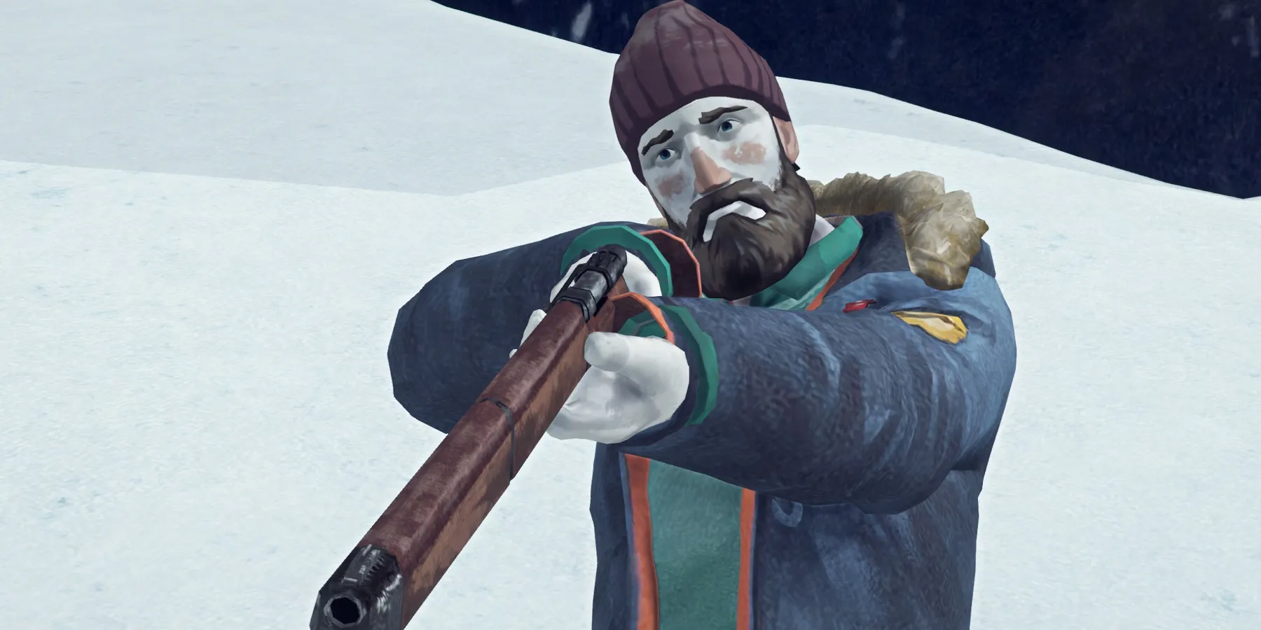 The Long Dark Will Mackenzie holding gun in the snow