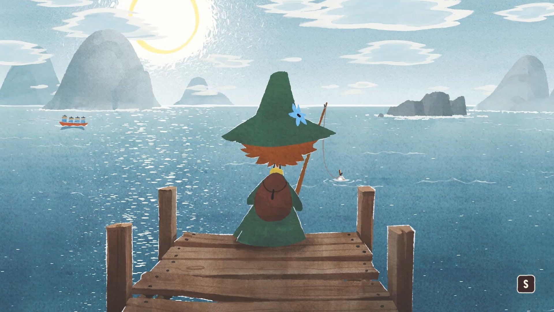 Une image d'écran de démarrage (sans jeu de mots) de Snufkin: Melody of Moominvalley, où Snufkin est assis au bout d'un ponton, regardant un lac plat scintillant de soleil, et commence à pêcher.