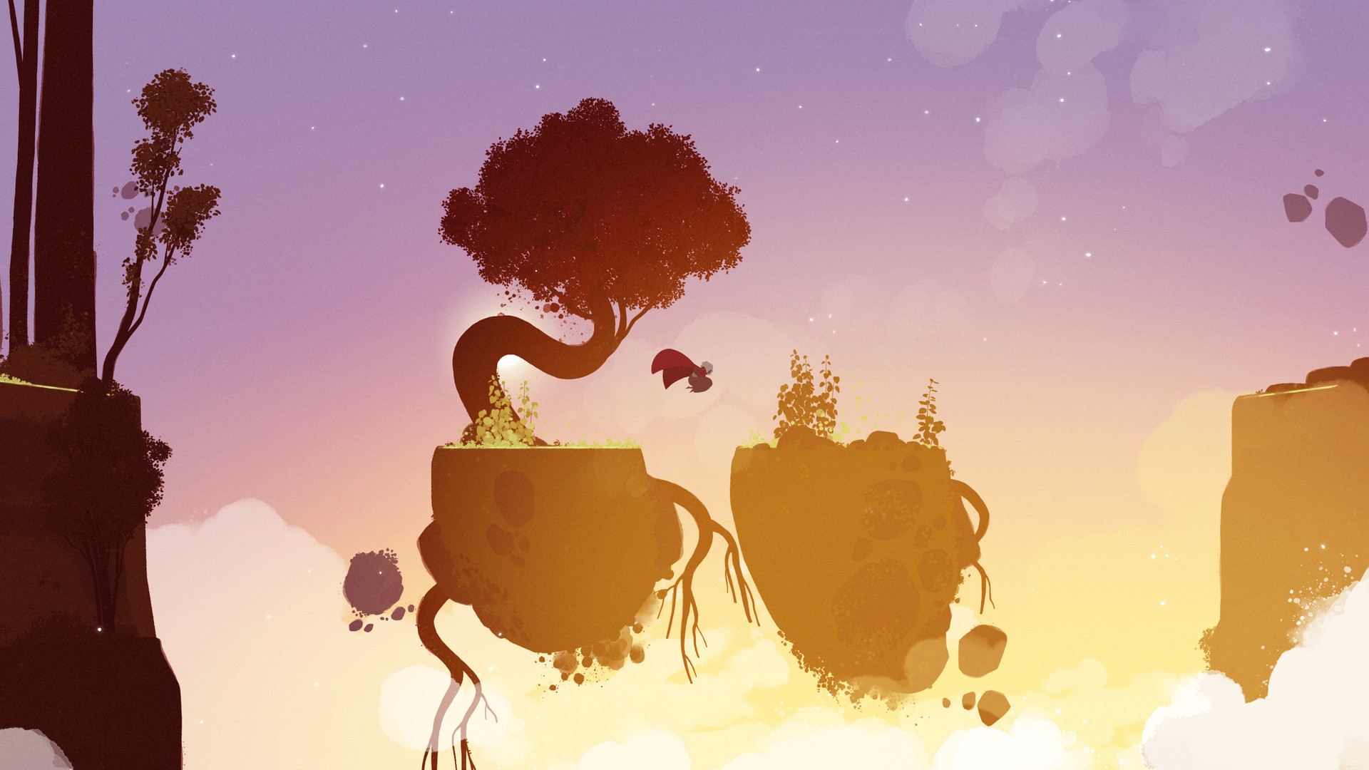 Прекрасное изображение из игры Neva, на котором персонаж прыгает с плавающего камня на камень, с розовым, фиолетовым и желтым оттенками неба.