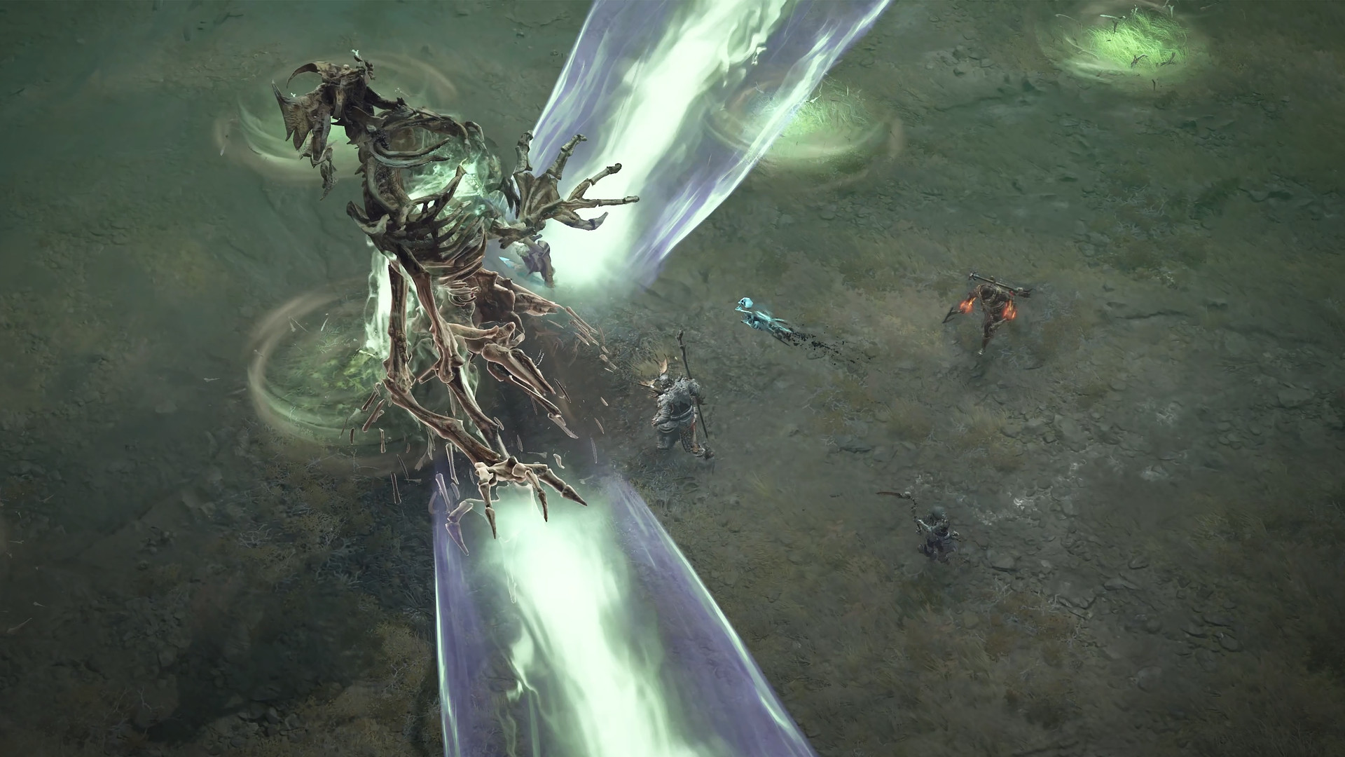 Un druide combat un boss mondial squelette géant maléfique dans Diablo 4