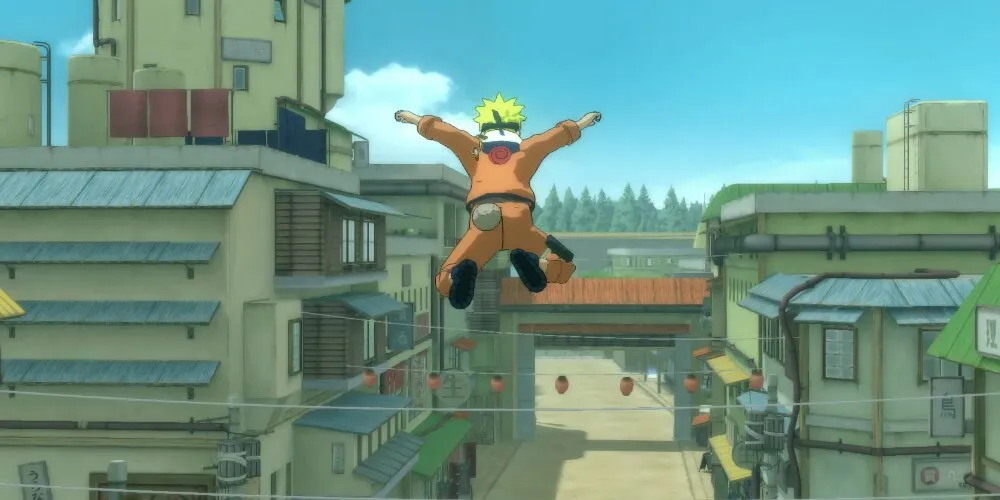 Naruto가 은신을 하는 Leaf 마을로 뛰어들고 있는 모습