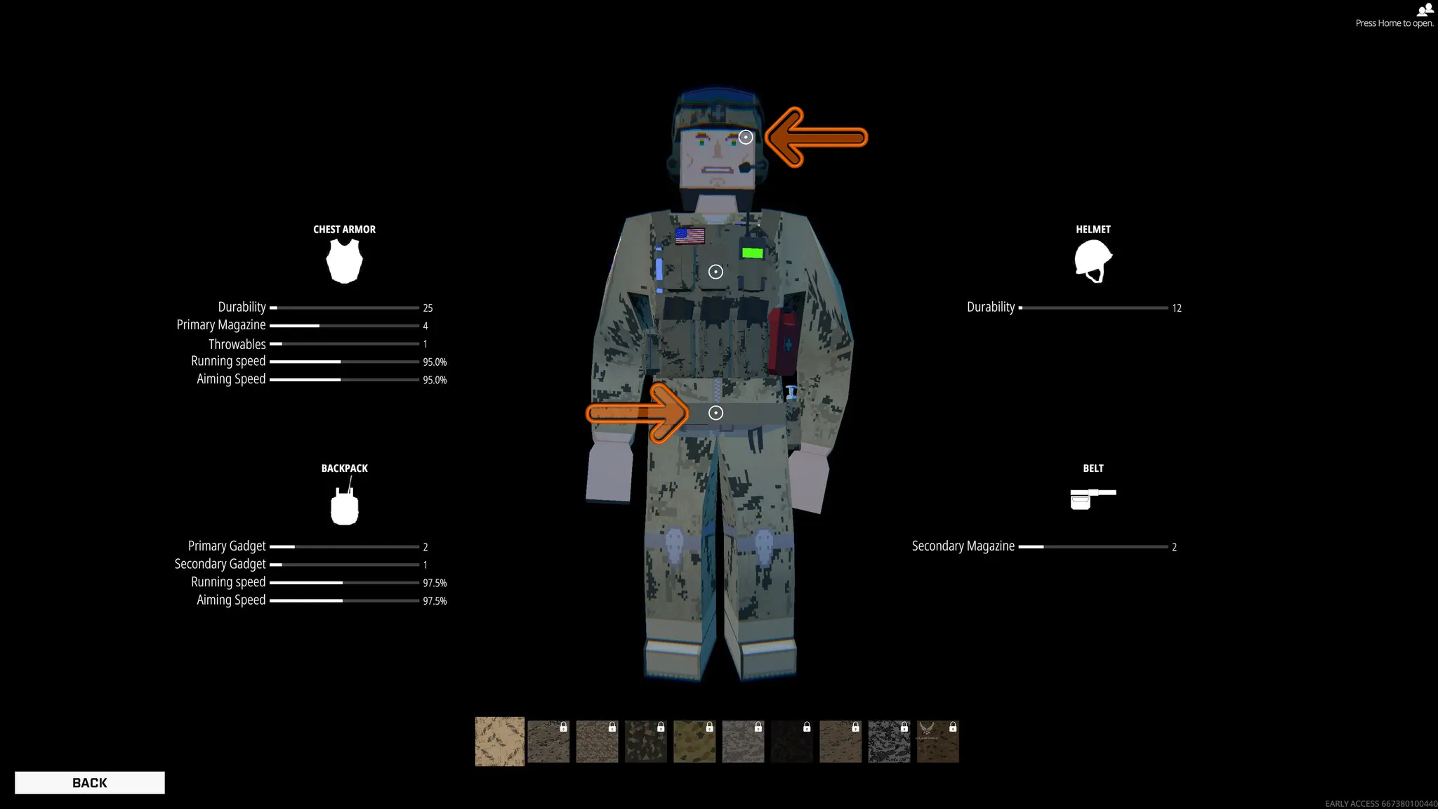 Un personaje de BattleBit Remastered con selecciones de armaduras a su alrededor en un fondo negro en blanco. Dos flechas señalan hacia su cabeza y cintura.
