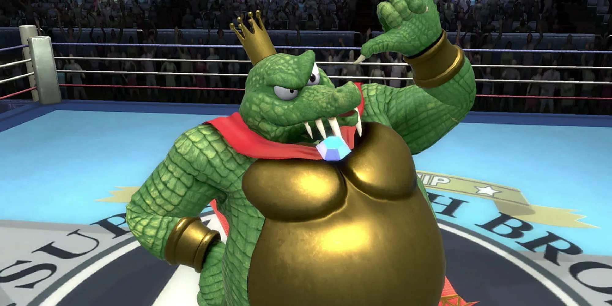 King K. Rool pointing in a wrestling ring