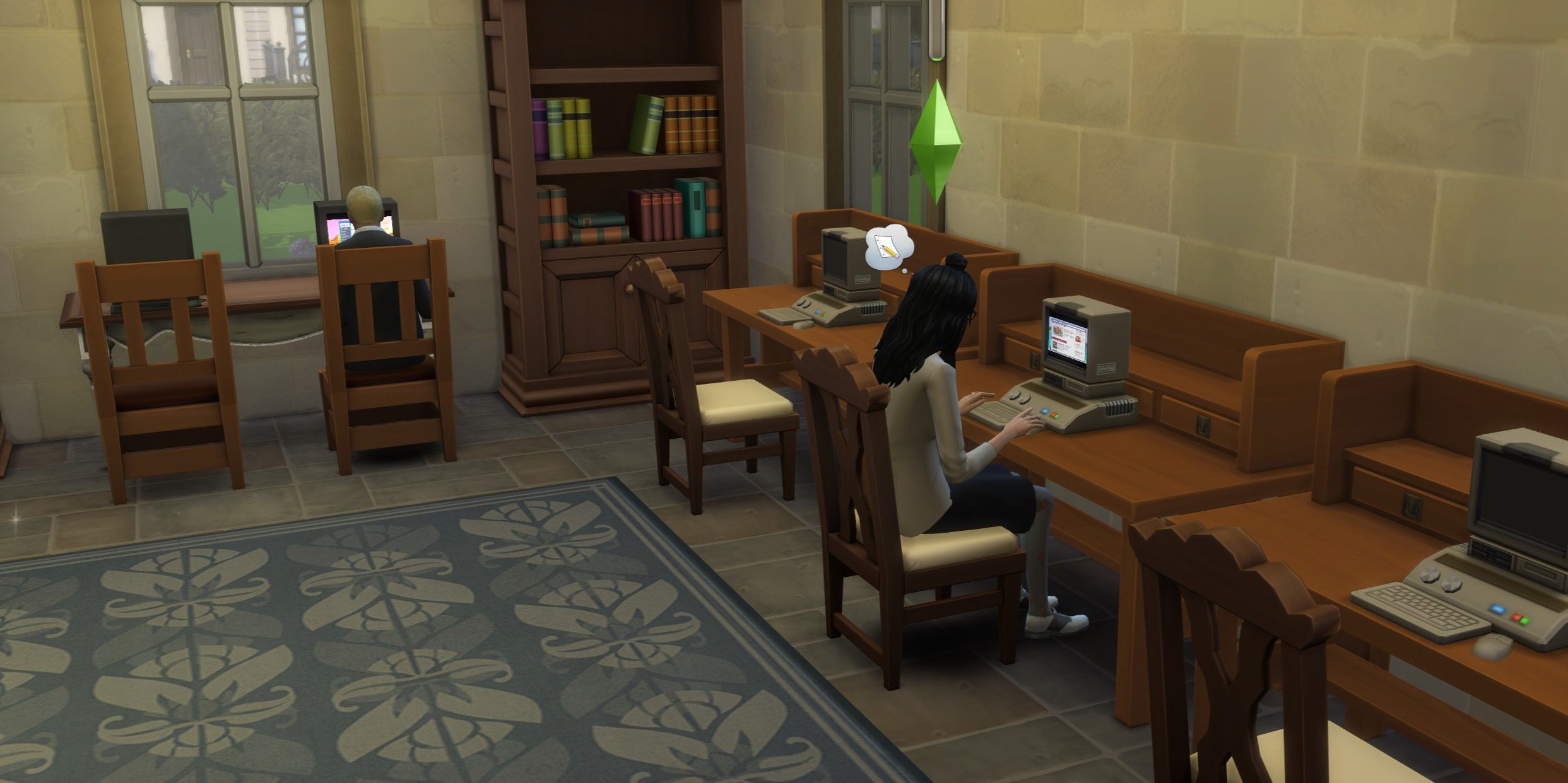 The Sims 4: Uma imagem de um Sim estudando em um Computador de Pesquisa