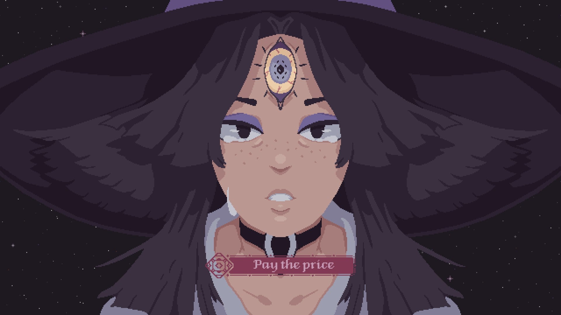 Cosmic Wheel Sisterhood的屏幕截图，中央是像素动画的Fortuna，眼泪在她的眼睛里流下来，她穿着深紫色，眼影化成紫色，额头上有第三只眼。