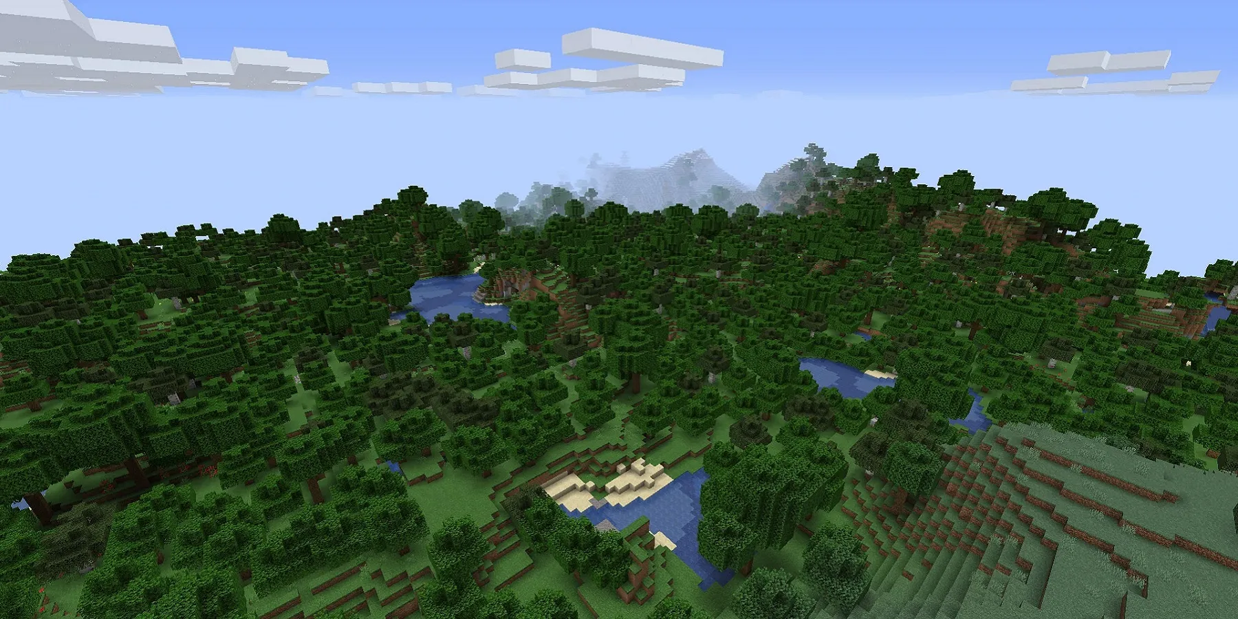 imagem de Minecraft mostrando uma imagem panorâmica do mundo aberto, que inclui uma floresta.