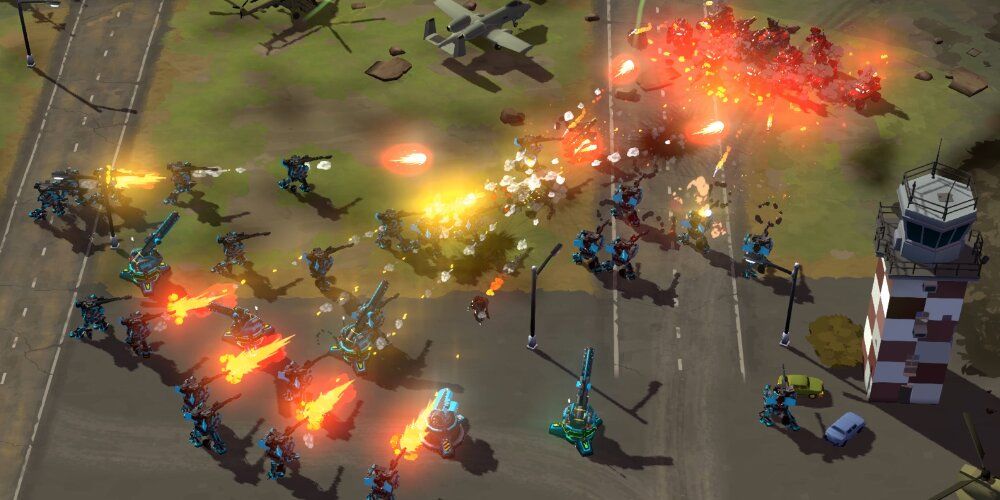 Army of robots shooting at an opposing force of units