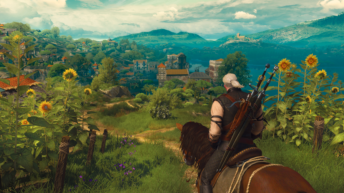 Geralt cabalga en su caballo a través de un campo de girasoles en The Witcher 3