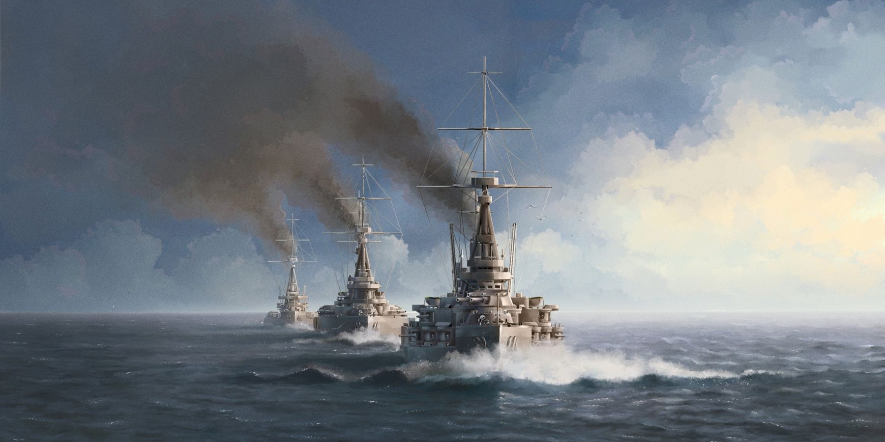 三艘海军舰船排成一列，背景是一片绘画般的天空