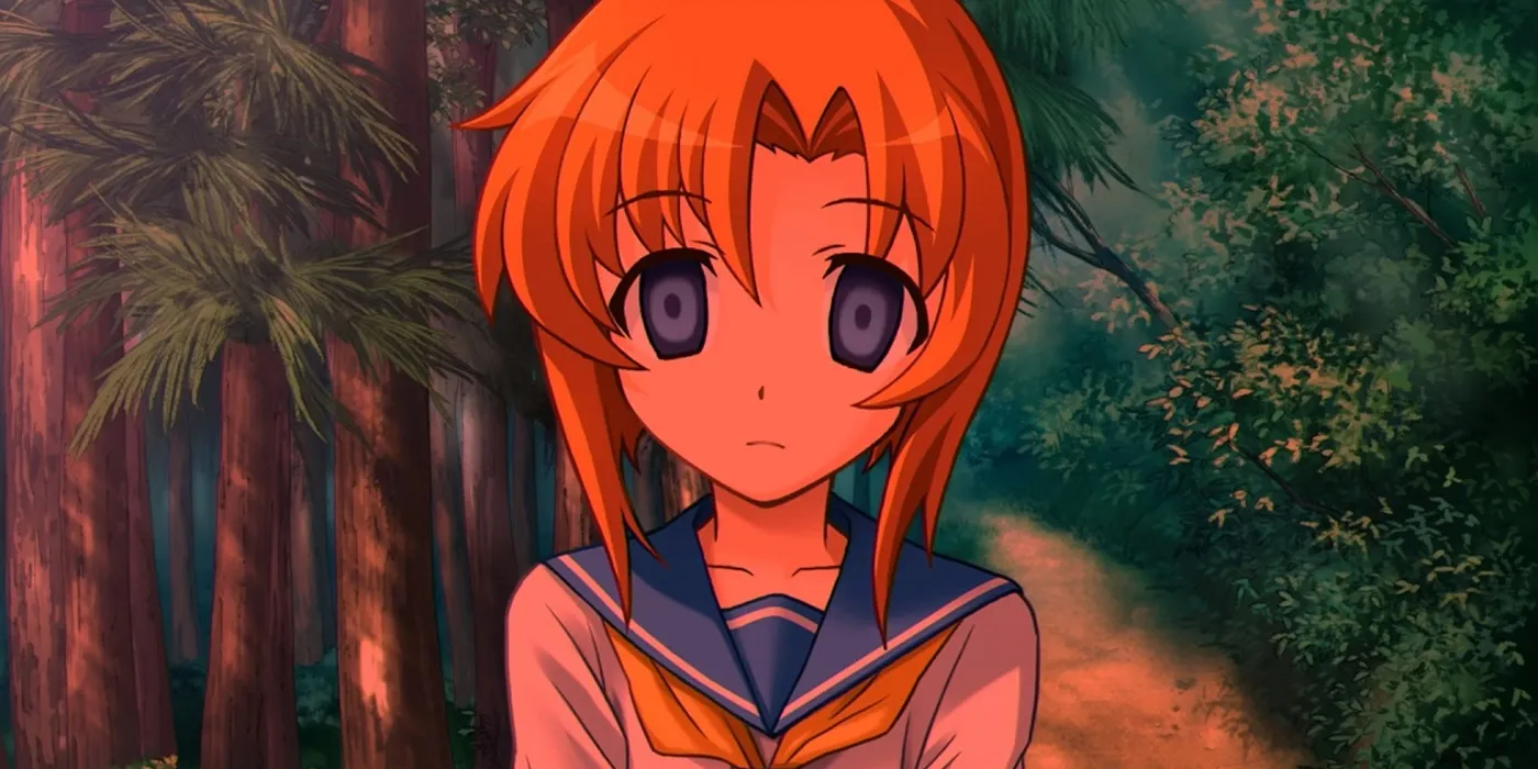 A Higurashi screenshot that shows close up of character Rena staring at the player, a forest scene in the background.