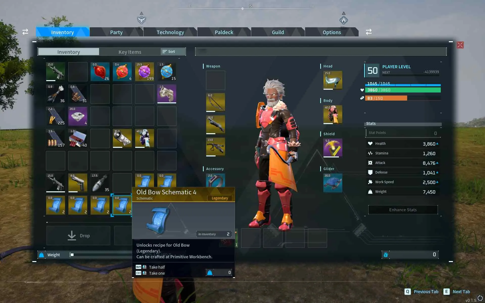 A player’s inventory having the Legendary Old Bow Scheamtic in palworld