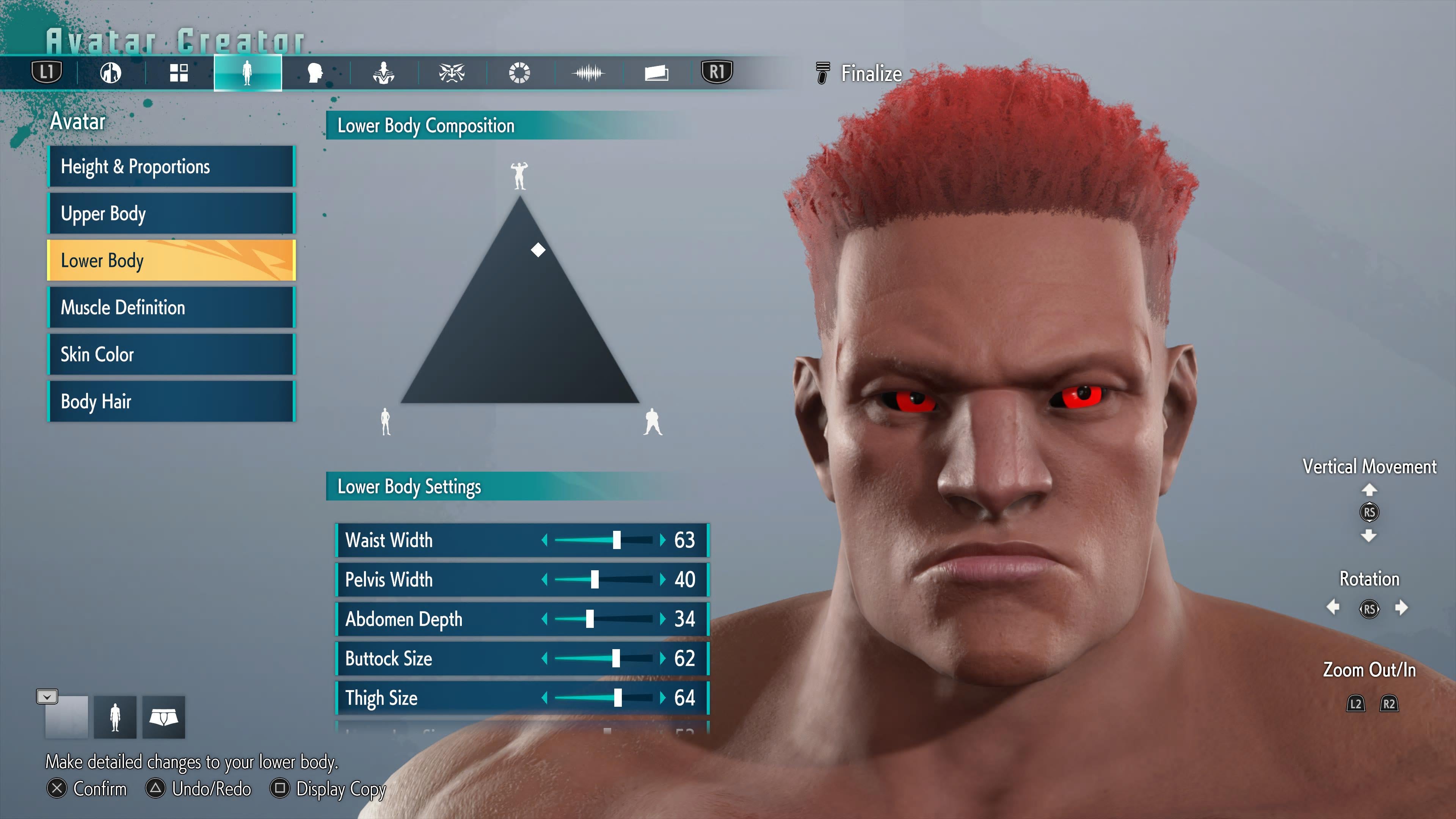 Street Fighter 6 캐릭터 생성기에서 신체 커스터마이제이션 및 건장한 남성 캐릭터의 근접 사진