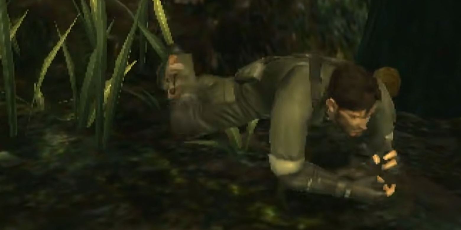 Snake strisciando nel fango in Metal Gear Solid: Snake Eater 3D