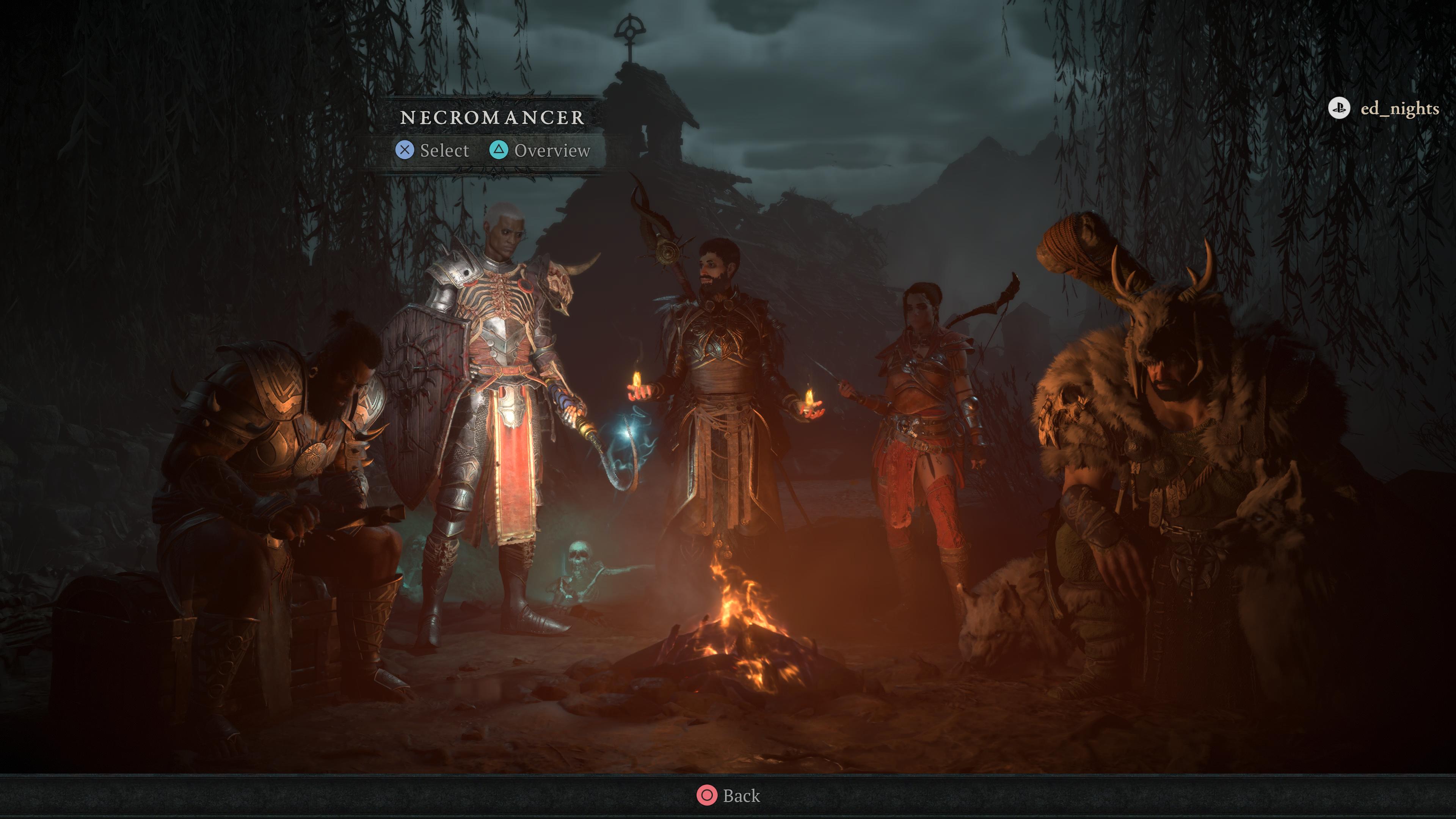 화톳불을 둘러싼 Diablo 4 캐릭터 클래스 선택 화면