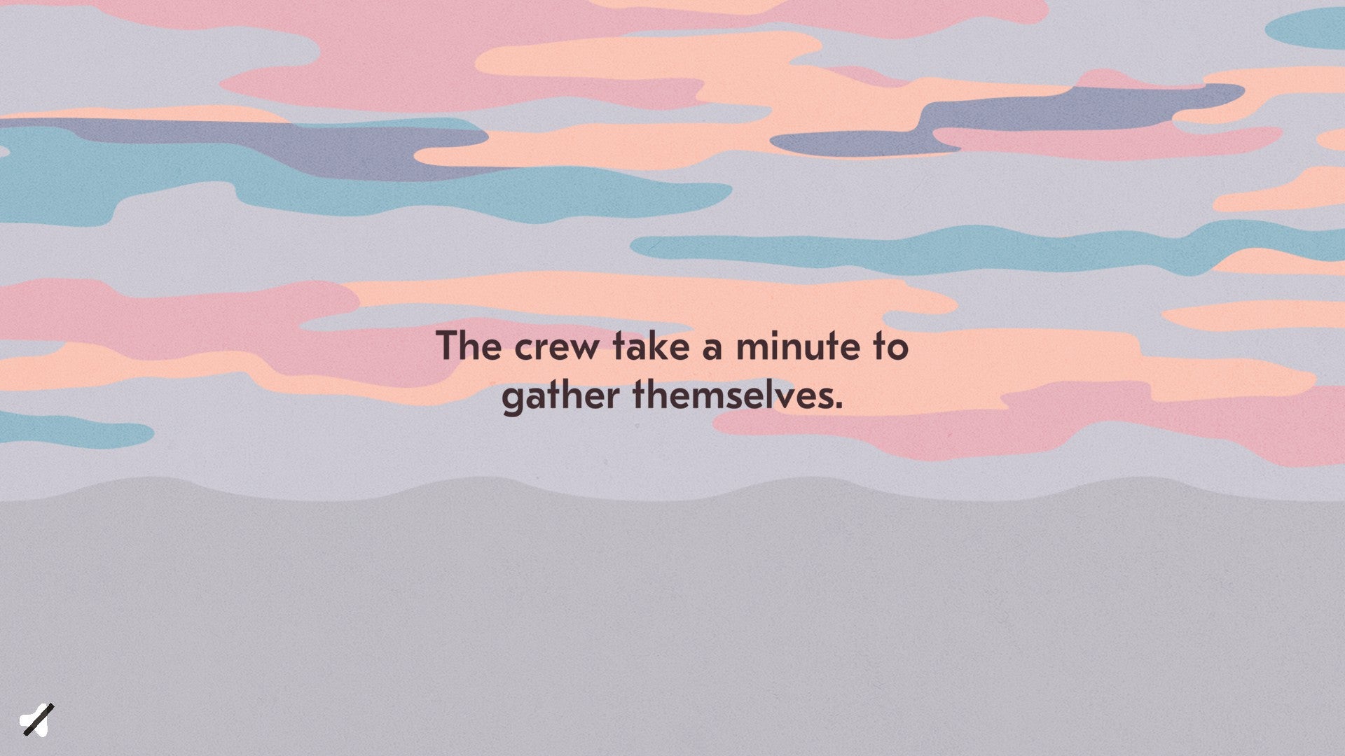 《盐海编年史》的一个标题卡片。在一个变幻的天空下，文字写着：“船员们花一分钟集结。”