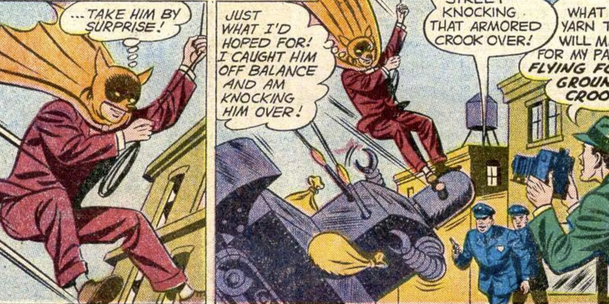 Bruce Wayne como Flying Fox evitando un tanque de un solo hombre