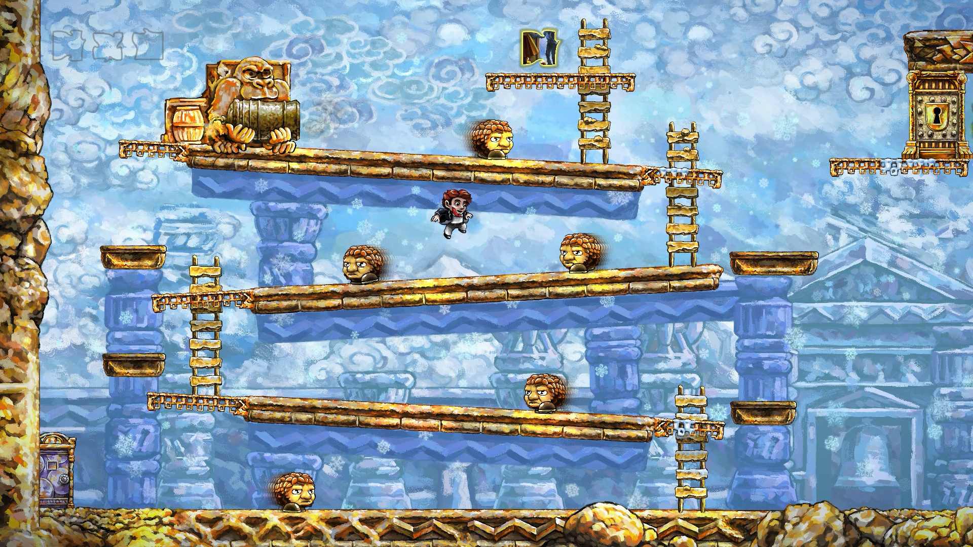 Красивое синее рисованное изображение из уровня игры Braid, мимикрирующее Donkey Kong, упрямого обезьяну держателя бочек и прочего.