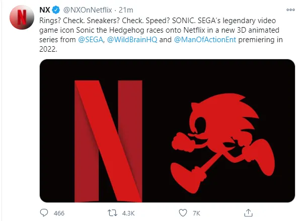 Tweet désormais supprimé de Netflix annonçant prématurément la série animée Sonic à venir.