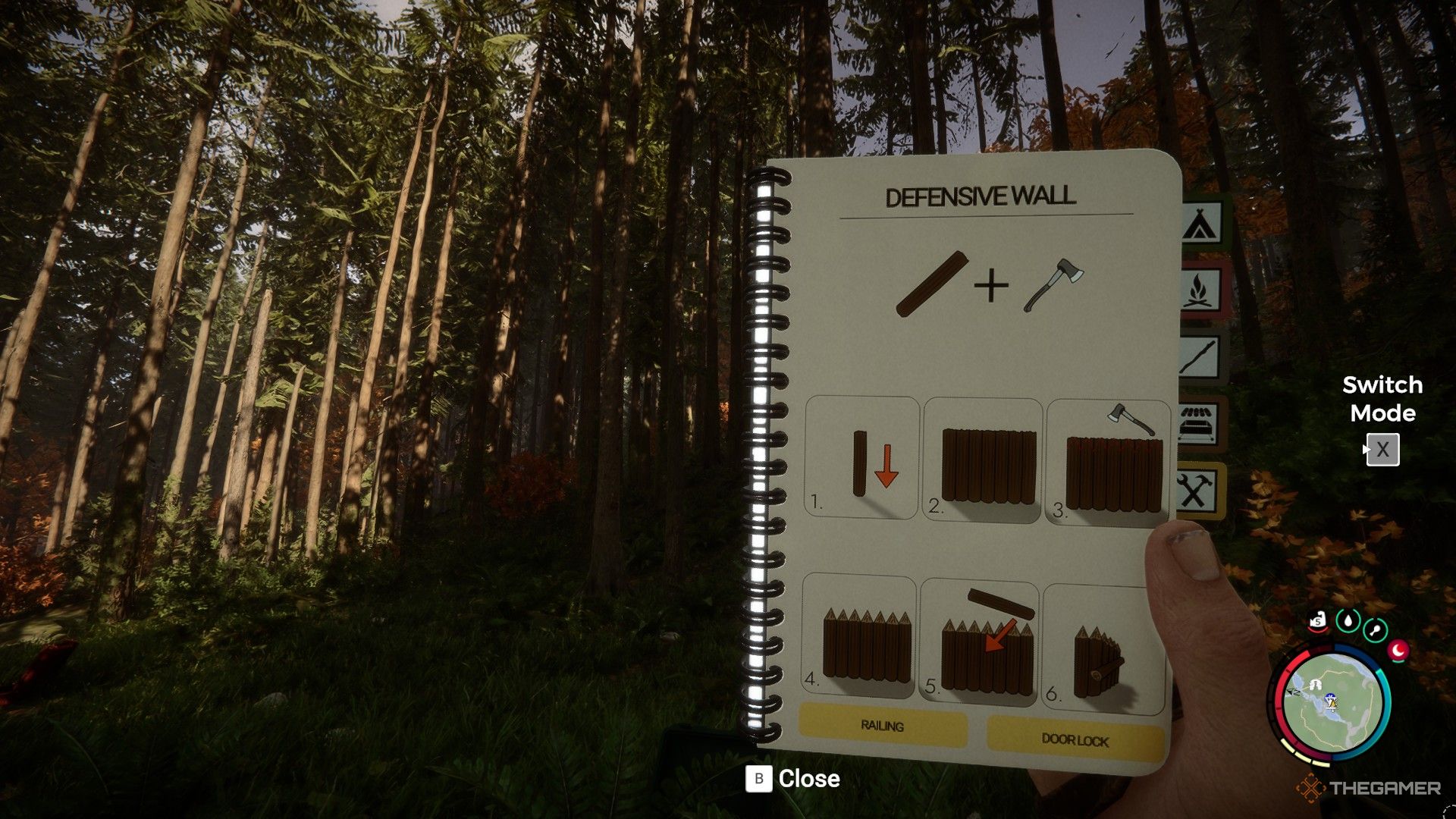 Une capture d'écran de Sons of the Forest montre le personnage du joueur avec le manuel de construction ouvert, montrant un guide étape par étape pour un Mur Défensif. Vous pouvez voir le soleil projetant des ombres sur les arbres juste après le livre.