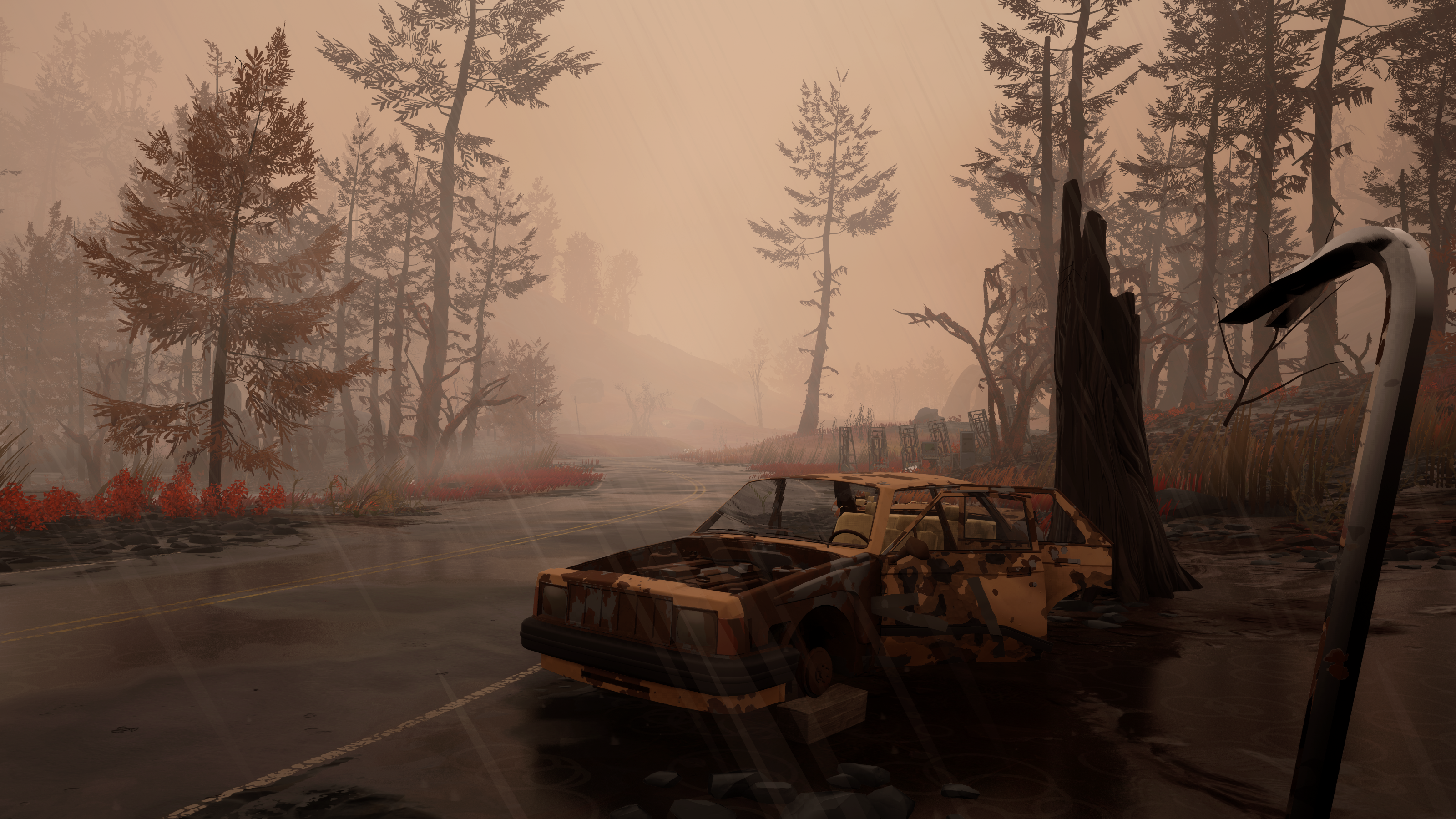 Aperçu de Pacific Drive - une voiture abandonnée au bord de la route dans une brume brune, le joueur tenant un pied de biche en vue à la première personne