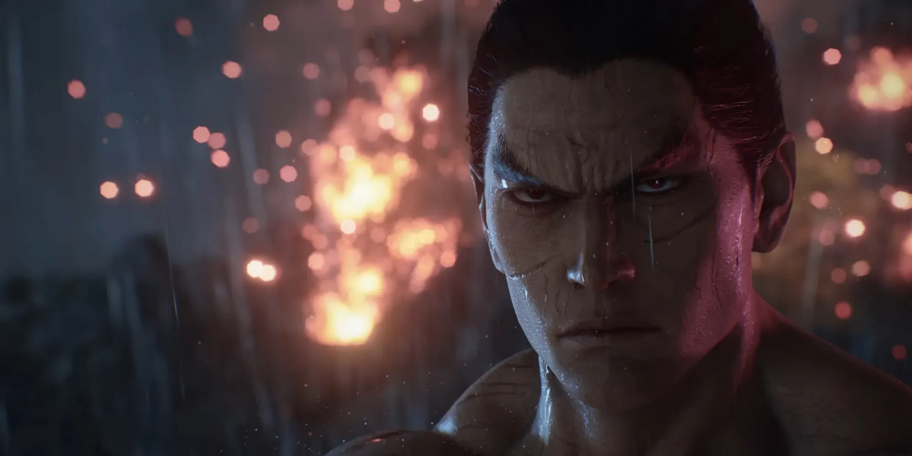 Captura de tela do Tekken 8 mostrando um close-up do rosto de Kazuya Mishima.