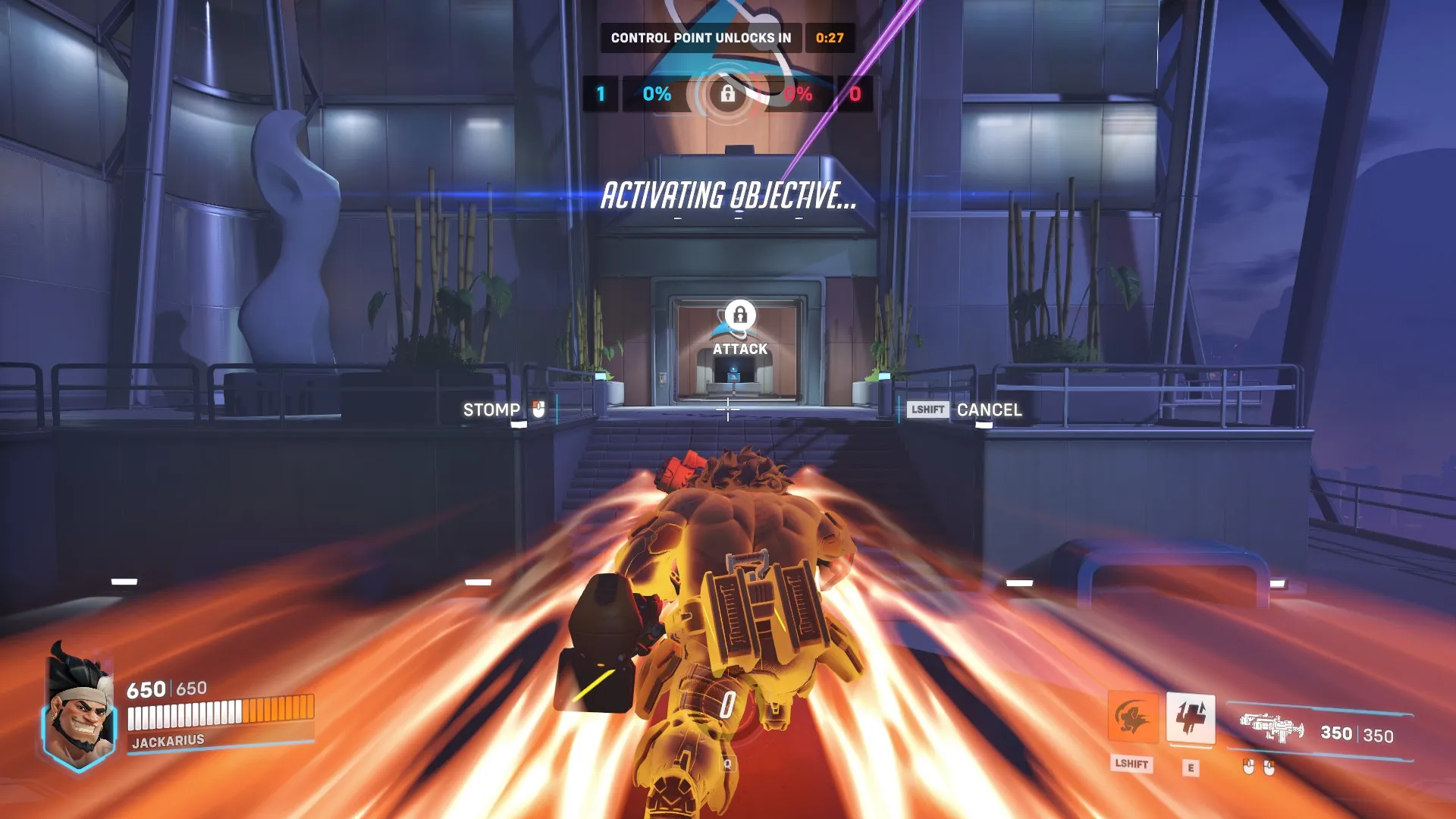 Mauga uses Overrun to charge out of the spawn to the entrance of Lijiang Tower - Control Centre