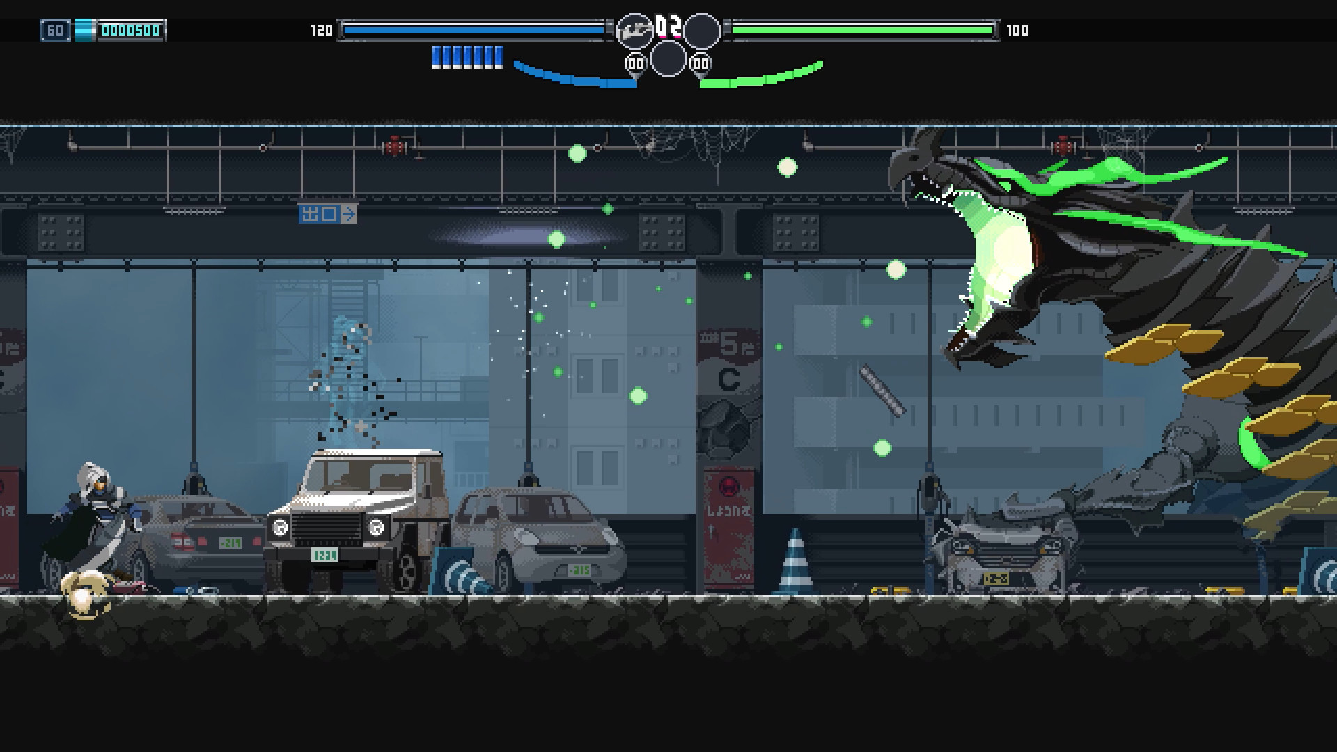 Immagine dal gioco di azione in 2D Blade Chimera, con protagonista dai capelli bianchi che combatte un drago gigante in un parcheggio