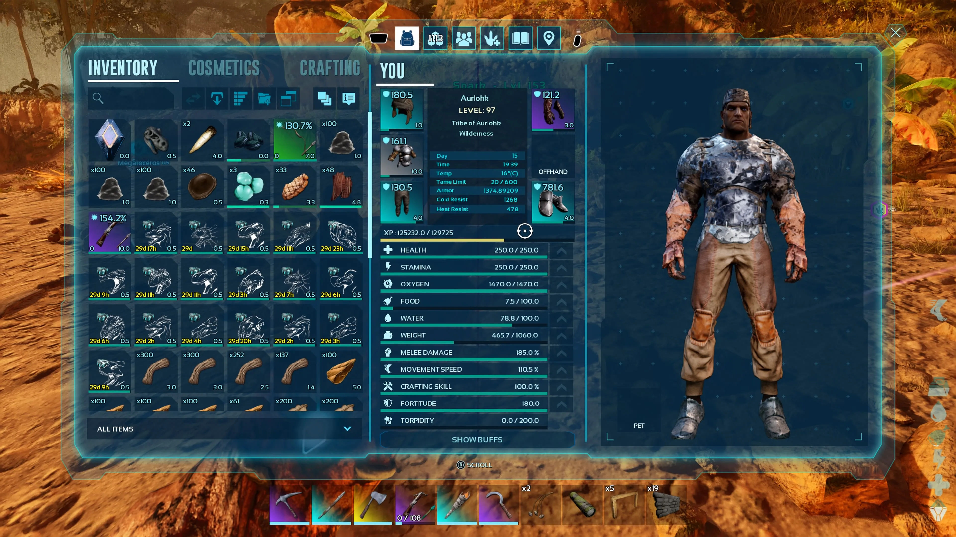 Personaje del jugador mirando su inventario que muestra los objetos que tiene y estadísticas como aislamiento al frío y al calor en ARK: Survival Ascended.