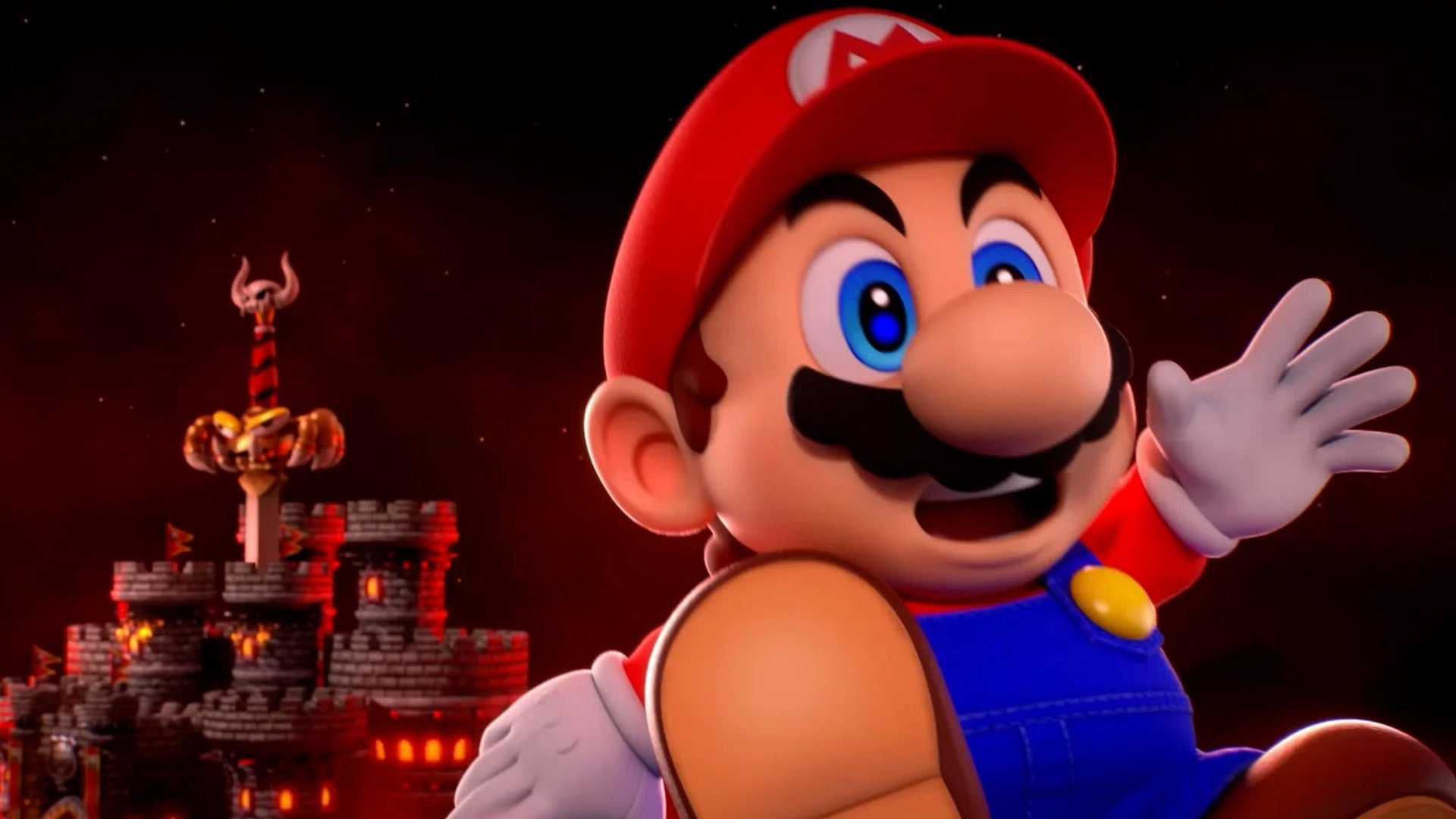Una schermata del remake di Super Mario RPG mostra Mario che salta via da un castello di lava visibile sullo sfondo.