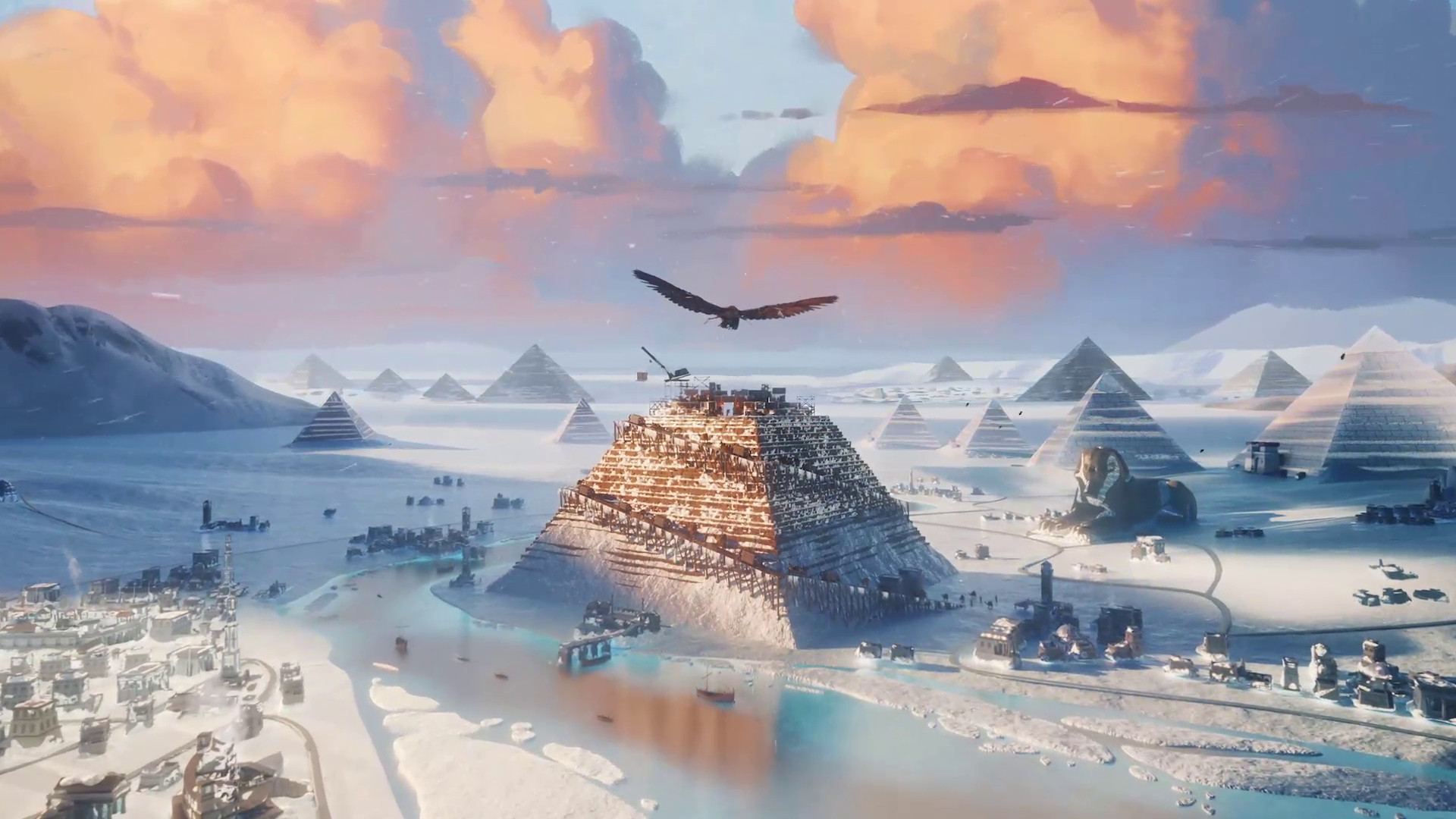 орел, летящий к пирамиде, находящейся в стадии строительства, в игре Ара: Нерасказанная история