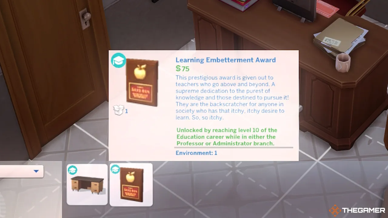 Одна из наград карьеры Образования в The Sims 4