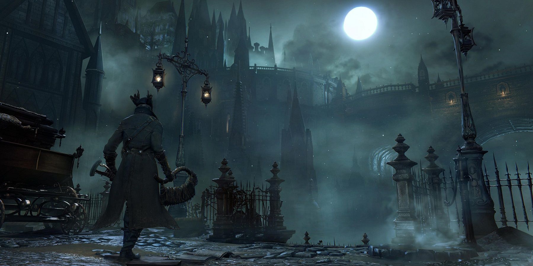 Image from Bloodborne showing the Hunter in Yharnam at night.